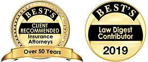two AM Best logos - one recognizing 50 years as a client recommended firm and another as an AM Best Law Digest Contributor